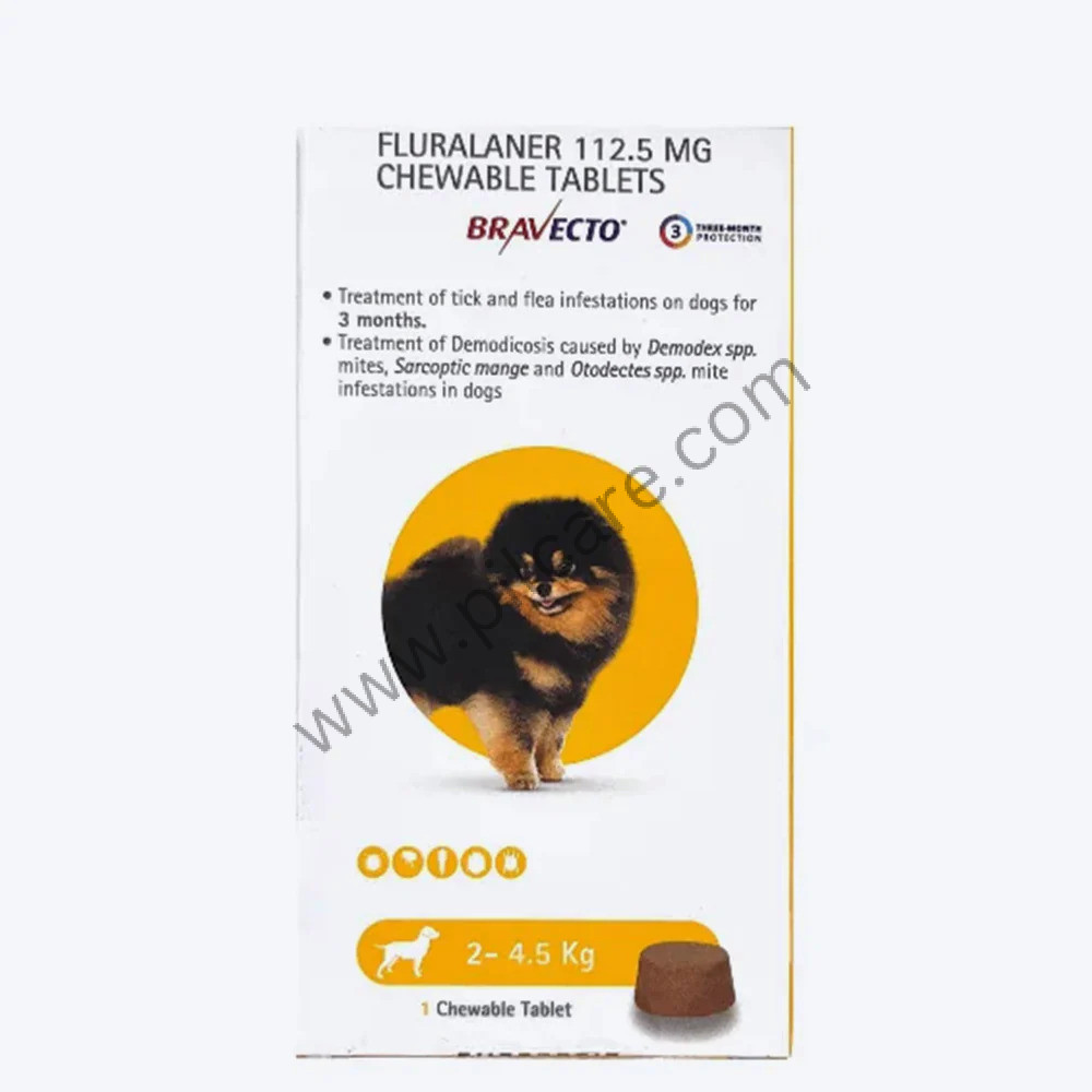 Bravecto 112.5mg Pet Chewable Tick and Flea Control Tablet (For > 2-4.5 kg) - N Chimanlal Enterprises